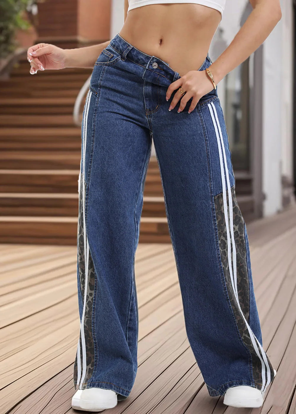 Leopard Panel Wide Leg Jeans
